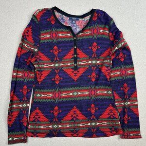 Chaps Denim Pullover Henley Thermal Top Women's L Southwest Aztec Pattern Shirt